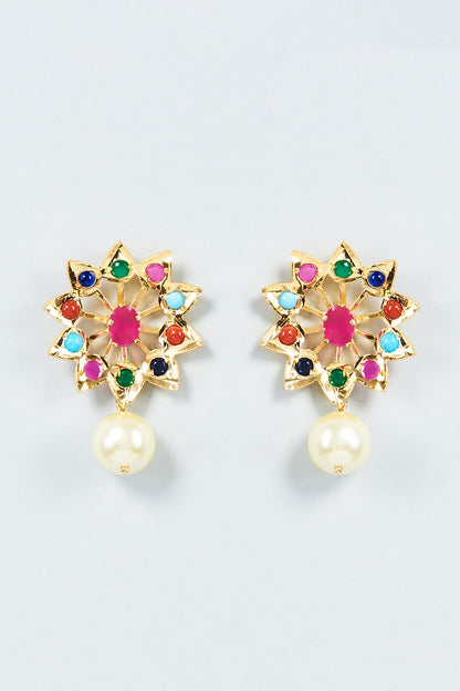 Gold Plated Multi-Colored Semi-Precious Stone & Kundan Polki Stud Earrings