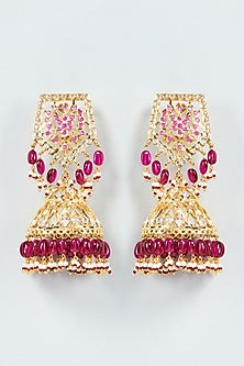 Gold Plated Red Onyx & Kundan Polki Jhumka Earrings