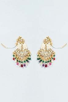Gold Plated Navratna Stone & Kundan Polki Chandbali Earrings