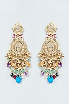 Gold Plated Navratna Stone & Kundan Polki Dangler Earrings