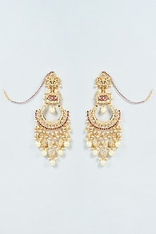 Gold Plated White Pearl & Kundan Polki Chandbali Earrings