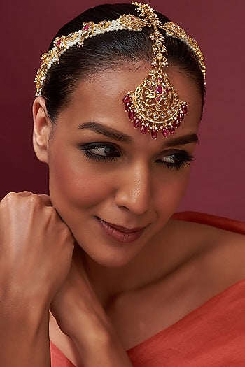 Gold plated Red Onyx & Kundan Polki Mathapatti