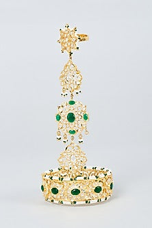 Gold Plated Green Onyx & Kundan Polki Hathphool