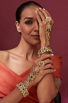 Gold Plated Green Onyx & Kundan Polki Hathphool