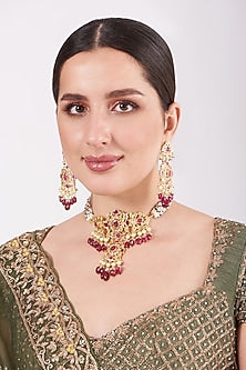 Gold Plated Choker Necklace Set With Beads