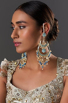 Gold Plated Kundan Polki & Blue Onyx Chandbali Earrings