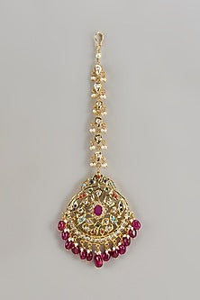 Gold Plated Kundan Polki & Red Onyx Maangtikka