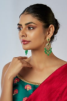 Gold Plated Kundan Polki & Green Onyx Chandbali Earrings