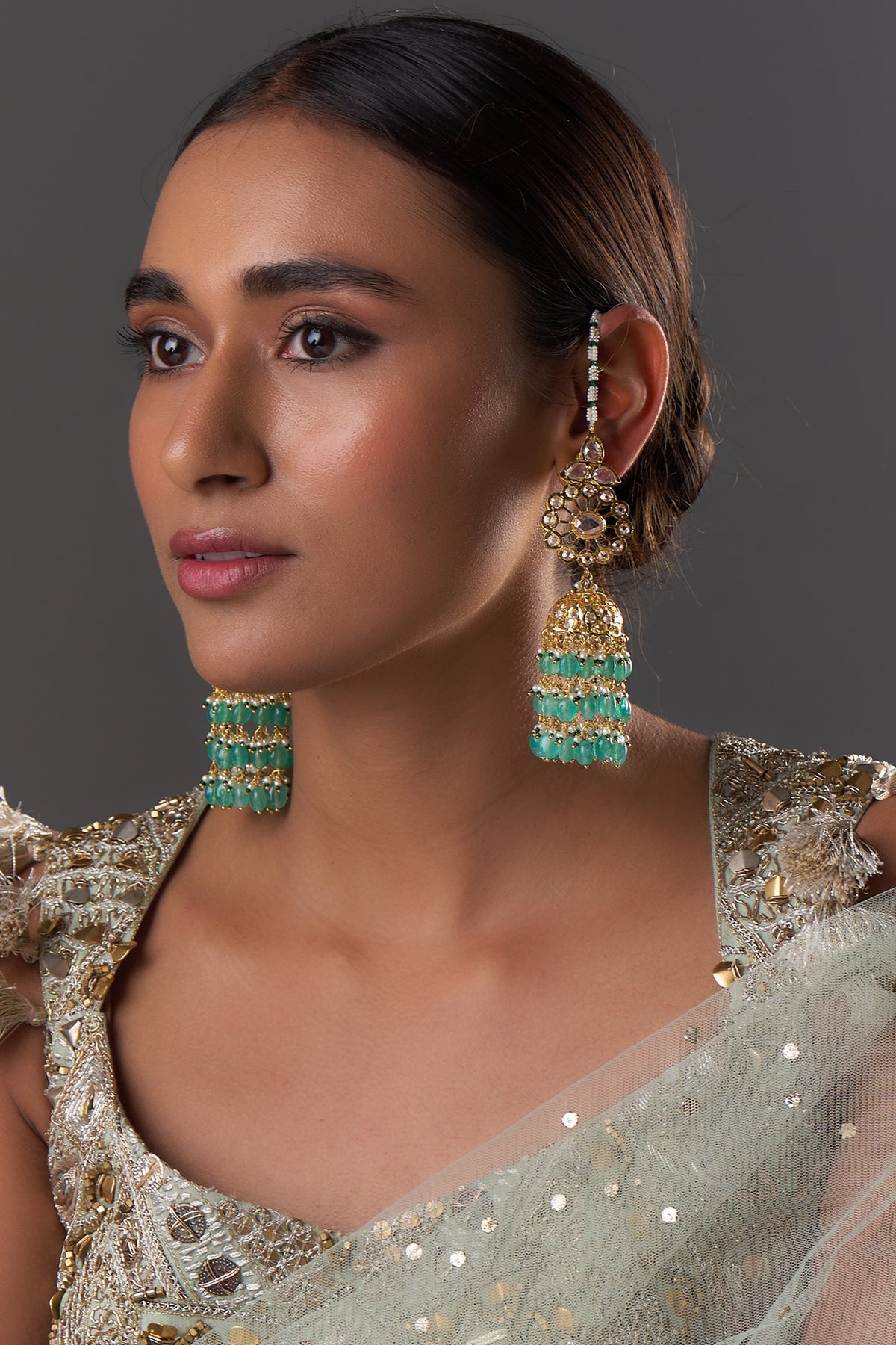 Gold Plated Kundan Polki & Green Onyx Jhumka Earrings