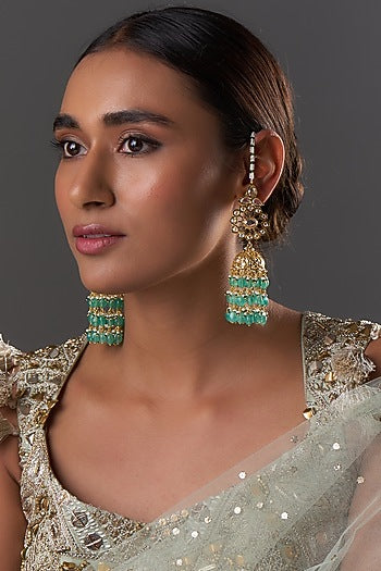 Gold Plated Kundan Polki & Green Onyx Jhumka Earrings