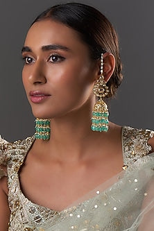 Gold Plated Kundan Polki & Green Onyx Jhumka Earrings