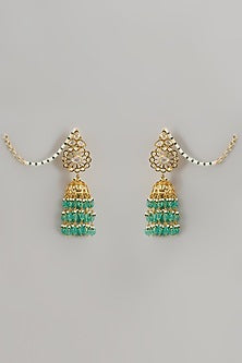 Gold Plated Kundan Polki & Green Onyx Jhumka Earrings