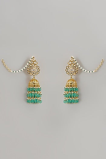 Gold Plated Kundan Polki & Green Onyx Jhumka Earrings