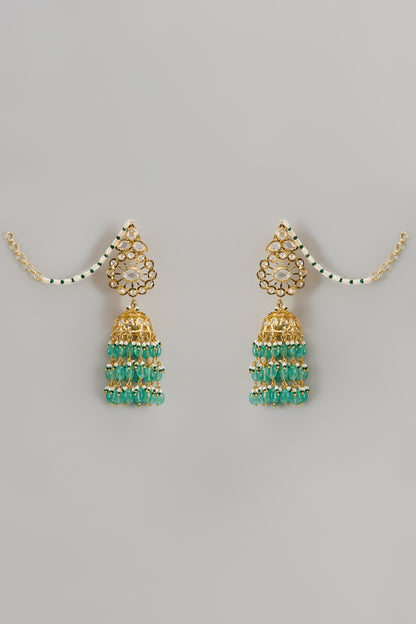 Gold Plated Kundan Polki & Green Onyx Jhumka Earrings