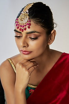 Gold Plated Kundan Polki & Red Onyx Maangtikka