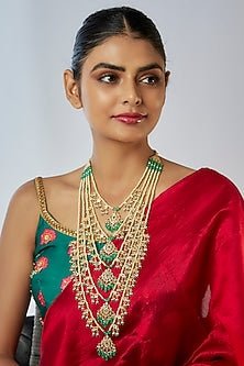 Gold Plated Kundan Polki & Green Onyx Layered Long Necklace