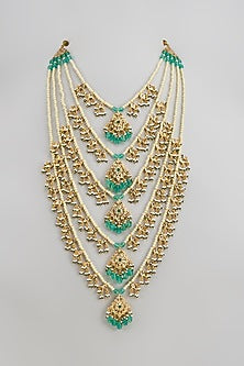 Gold Plated Kundan Polki & Green Onyx Layered Long Necklace