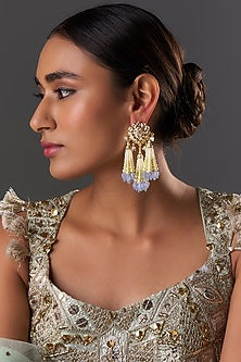 Gold Plated Kundan Polki & Blue Onyx Dangler Earrings