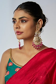 Gold Plated Kundan Polki & Red Onyx Chandbali Earrings