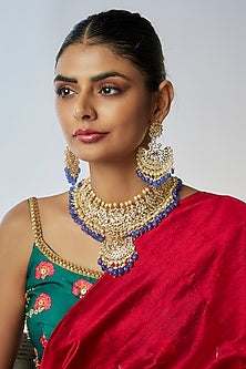 Gold Plated Kundan Polki & Blue Beaded Choker Necklace Set