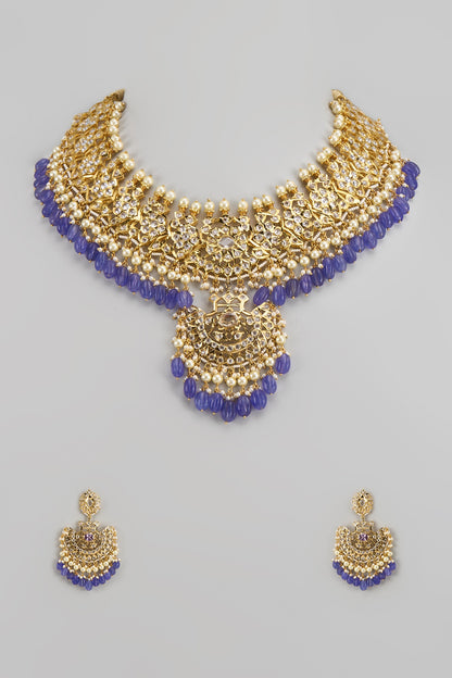 Gold Plated Kundan Polki & Blue Beaded Choker Necklace Set