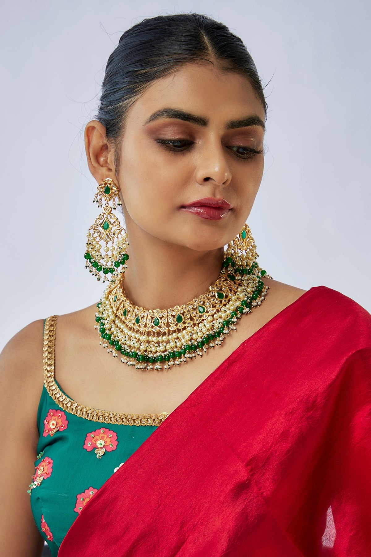 Gold Plated Kundan Polki & Green Beaded Choker Necklace Set
