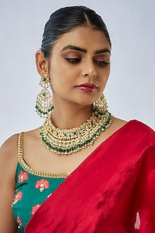 Gold Plated Kundan Polki & Green Beaded Choker Necklace Set
