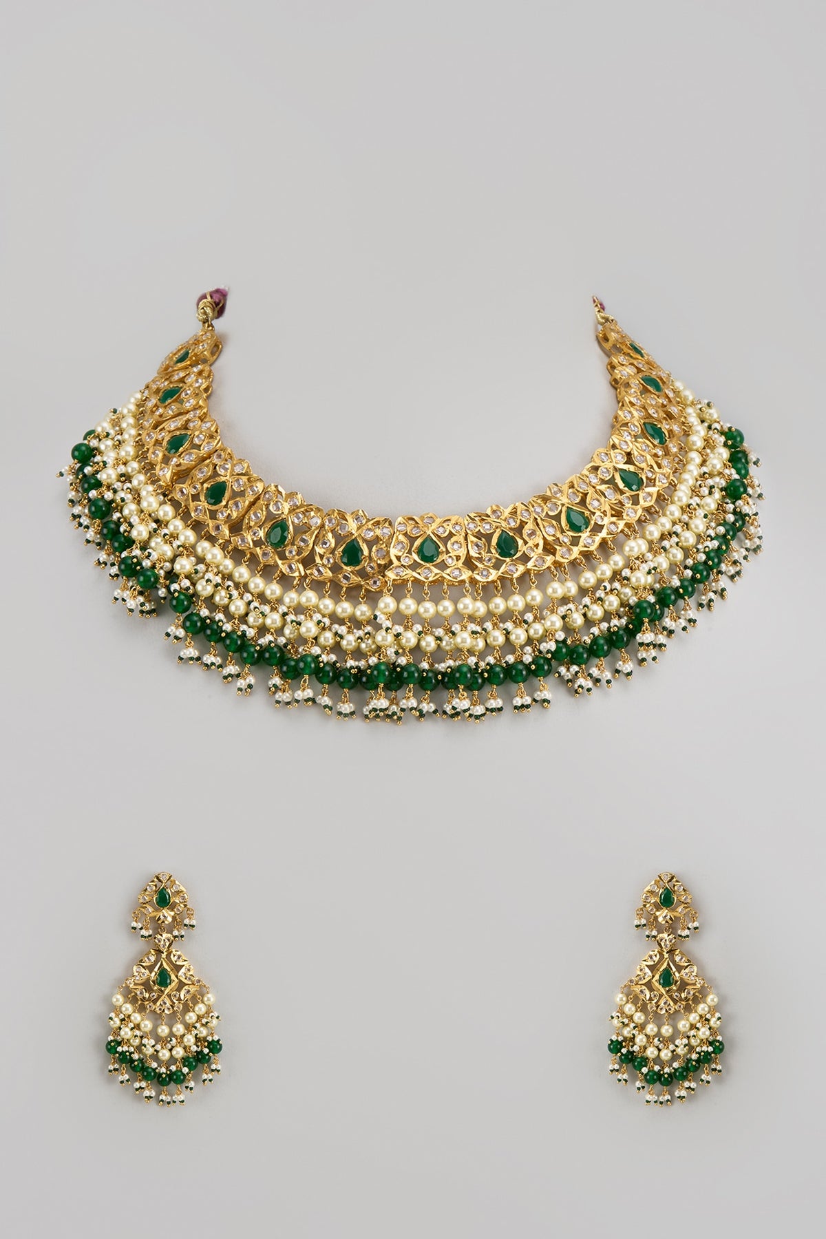 Gold Plated Kundan Polki & Green Beaded Choker Necklace Set