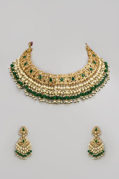Gold Plated Kundan Polki & Green Beaded Choker Necklace Set