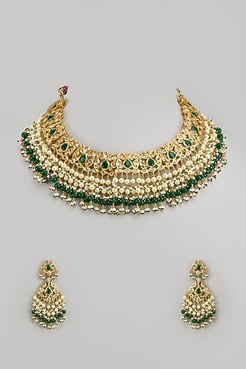 Gold Plated Kundan Polki & Green Beaded Choker Necklace Set