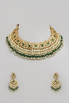 Gold Plated Kundan Polki & Green Beaded Choker Necklace Set