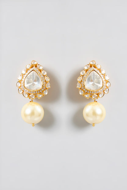 Gold Finish Moissanite Polki & Pearl Drop Stud Earrings In Sterling Silver