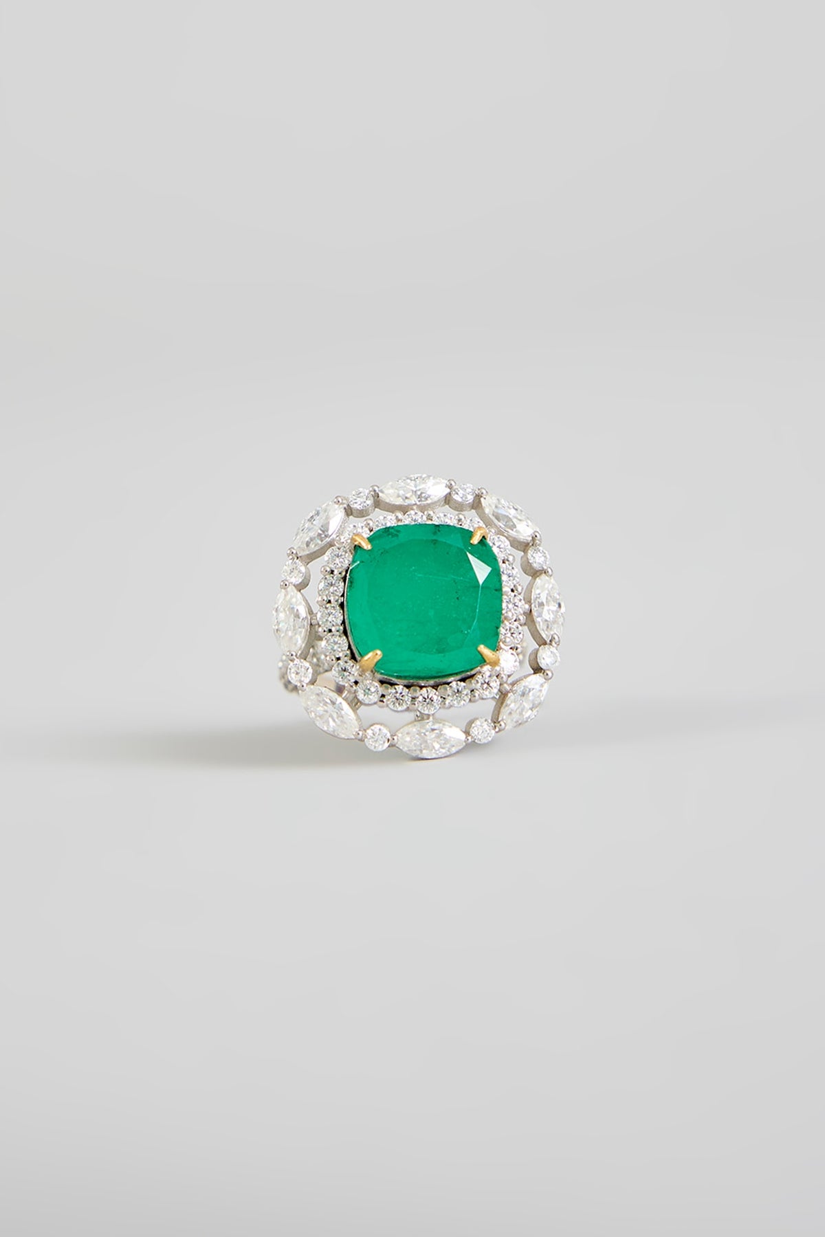 Silver Finish Cubic Zirconia & Emerald Stone Ring In Sterling Silver