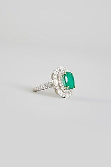 Silver Finish Cubic Zirconia & Emerald Stone Ring In Sterling Silver