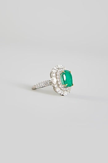 Silver Finish Cubic Zirconia & Emerald Stone Ring In Sterling Silver