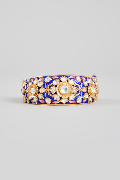 Gold Finish Kundan Polki Blue Meenakari Bangle In Sterling Silver