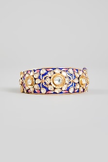 Gold Finish Kundan Polki Blue Meenakari Bangle In Sterling Silver