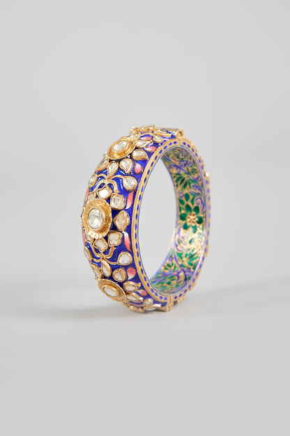 Gold Finish Kundan Polki Blue Meenakari Bangle In Sterling Silver
