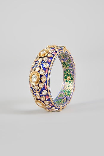Gold Finish Kundan Polki Blue Meenakari Bangle In Sterling Silver