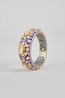 Gold Finish Kundan Polki Blue Meenakari Bangle In Sterling Silver
