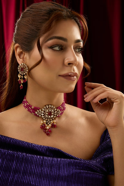 Gold Finish Moissanite Polki & Ruby Beaded Choker Necklace Set In Sterling Silver