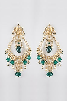 Gold Plated Green Onyx And Kundan Chandbali Earrings
