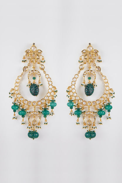 Gold Plated Green Onyx And Kundan Chandbali Earrings