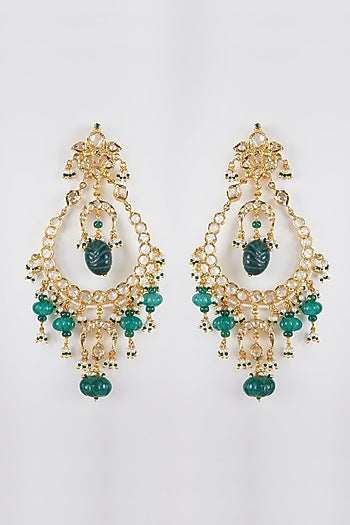 Gold Plated Green Onyx And Kundan Chandbali Earrings