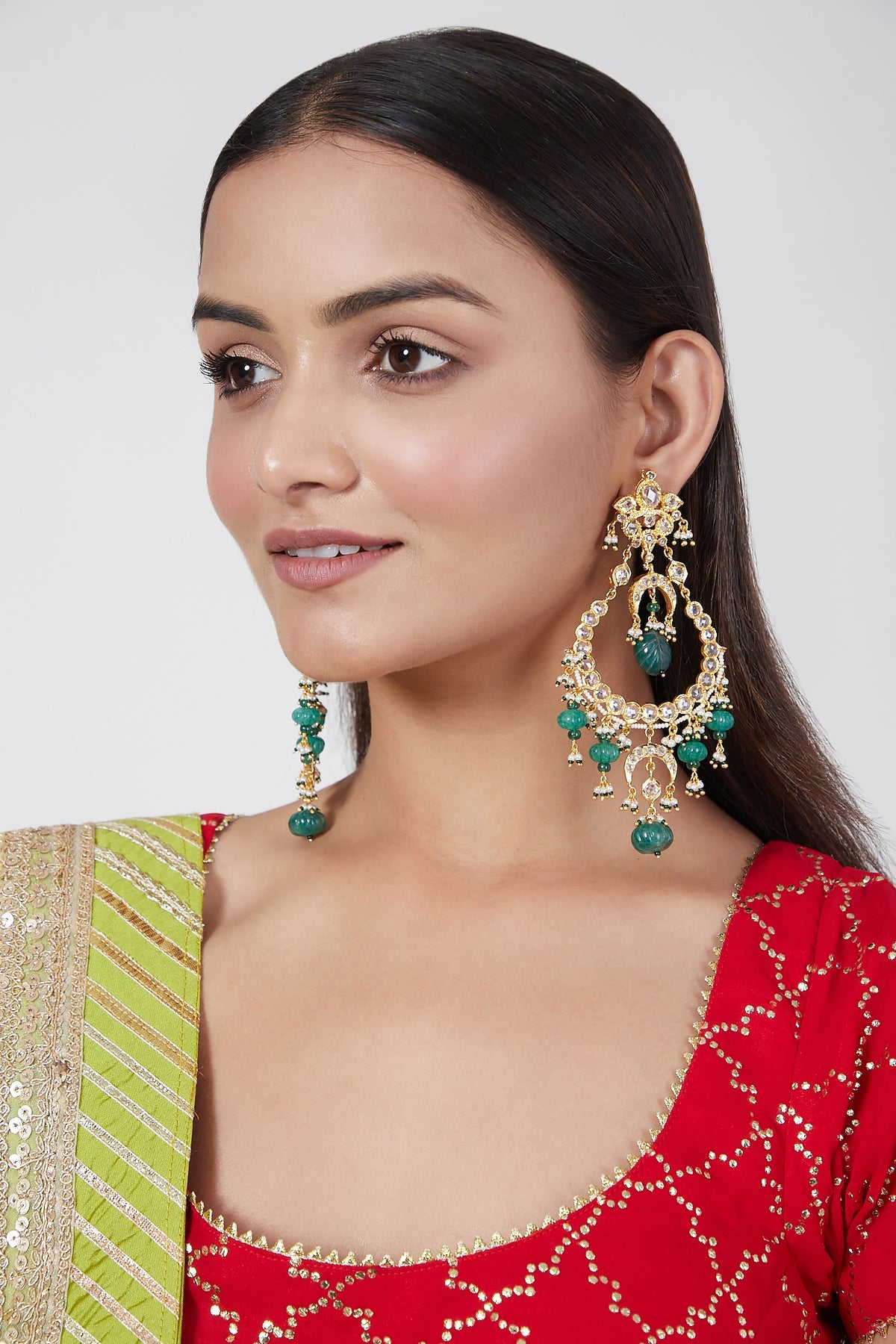 Gold Plated Green Onyx And Kundan Chandbali Earrings