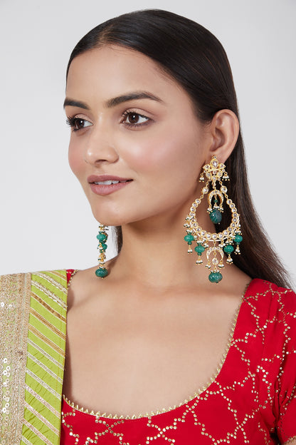Gold Plated Green Onyx And Kundan Chandbali Earrings