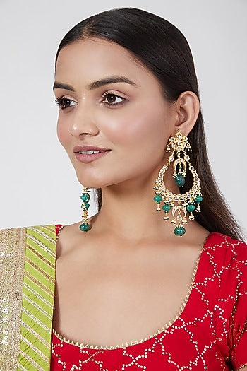 Gold Plated Green Onyx And Kundan Chandbali Earrings