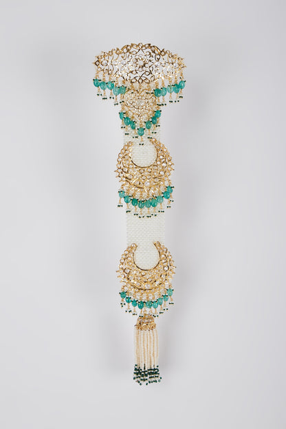 Gold Plated Kundan Polki & Pearl Hair Chain