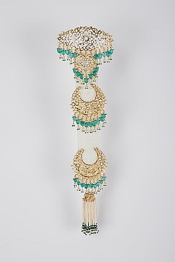 Gold Plated Kundan Polki & Pearl Hair Chain