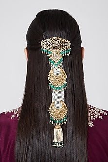 Gold Plated Kundan Polki & Pearl Hair Chain